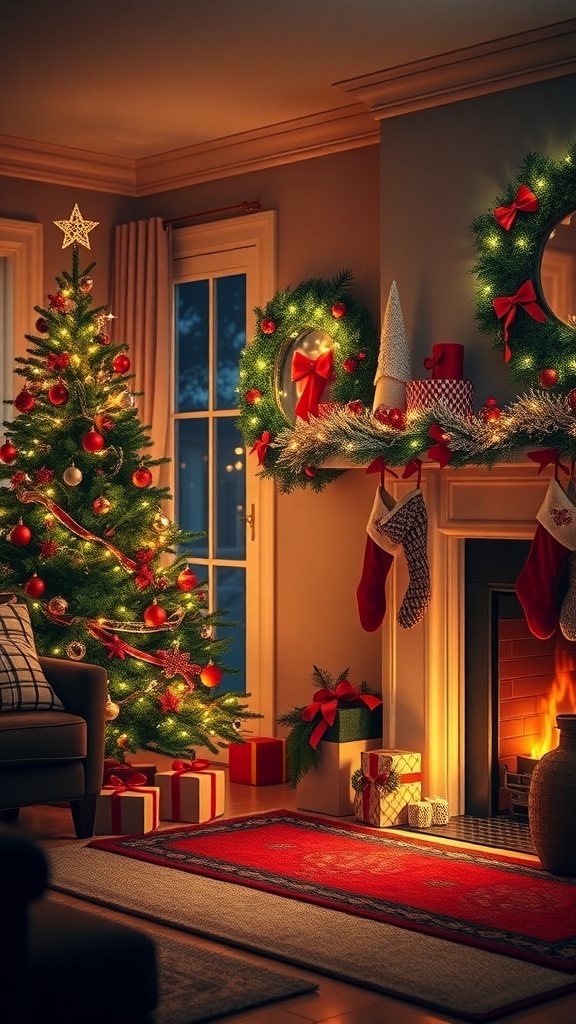 Cozy Christmas living room with tree, fireplace, and decorations.